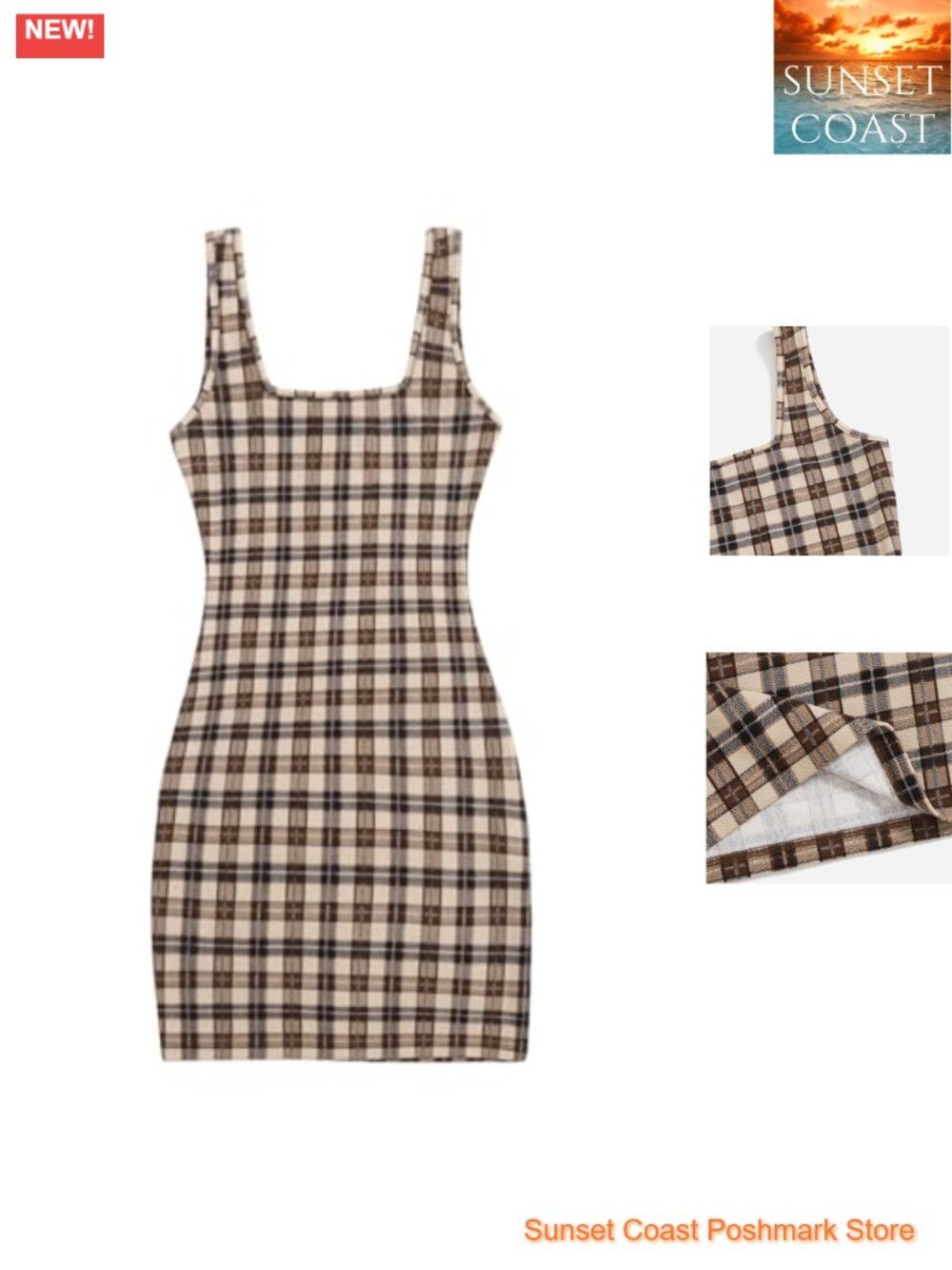 Plaid Sleeveless Bodycon Mini Dress Square Neck Pencil Tank Dress